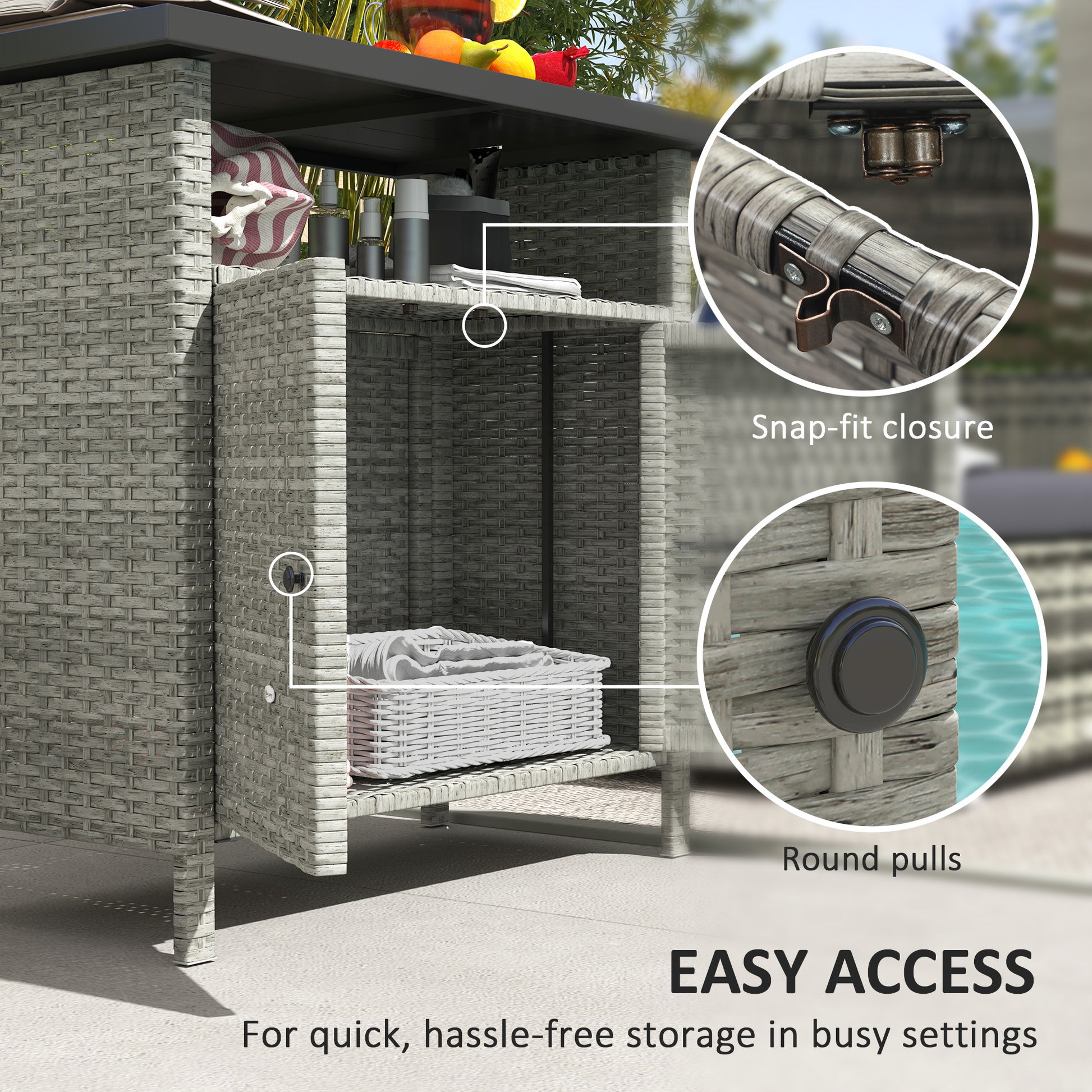 Wicker Outdoor Storage Cabinet with Two Doors and Shelf for Outdoor Pool Towel Storage, Grey