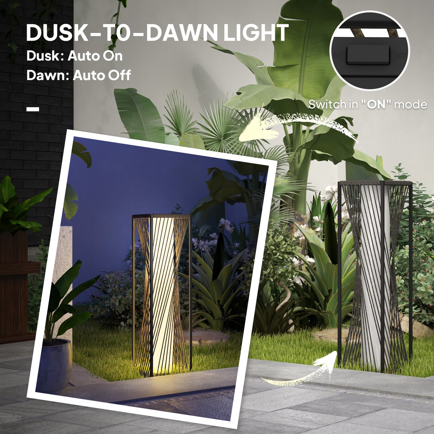 Rattan Solar Floor Lamp, Decorative Outdoor Lamp with Auto On/Off LED Lights, IP44 for Patio, Porch, Pathway, Grey