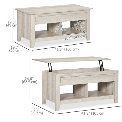 Lift Top Coffee Table with Hidden Storage Compartment and Open Shelves, Lift Tabletop Pop-Up Center Table for Living Room, Oak Effect