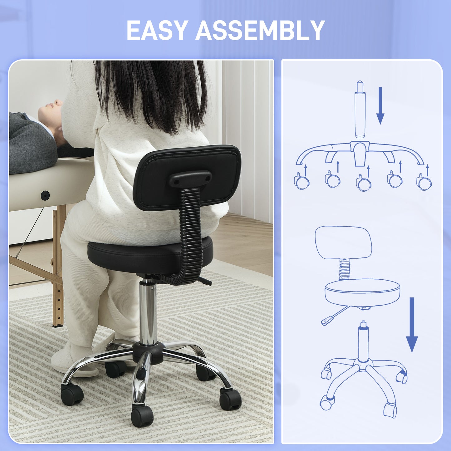 Adjustable Rolling Stool with Removable Backrest, Faux Leather Swivel Stool Chair for Salon Spa, Bar, Massage, Black