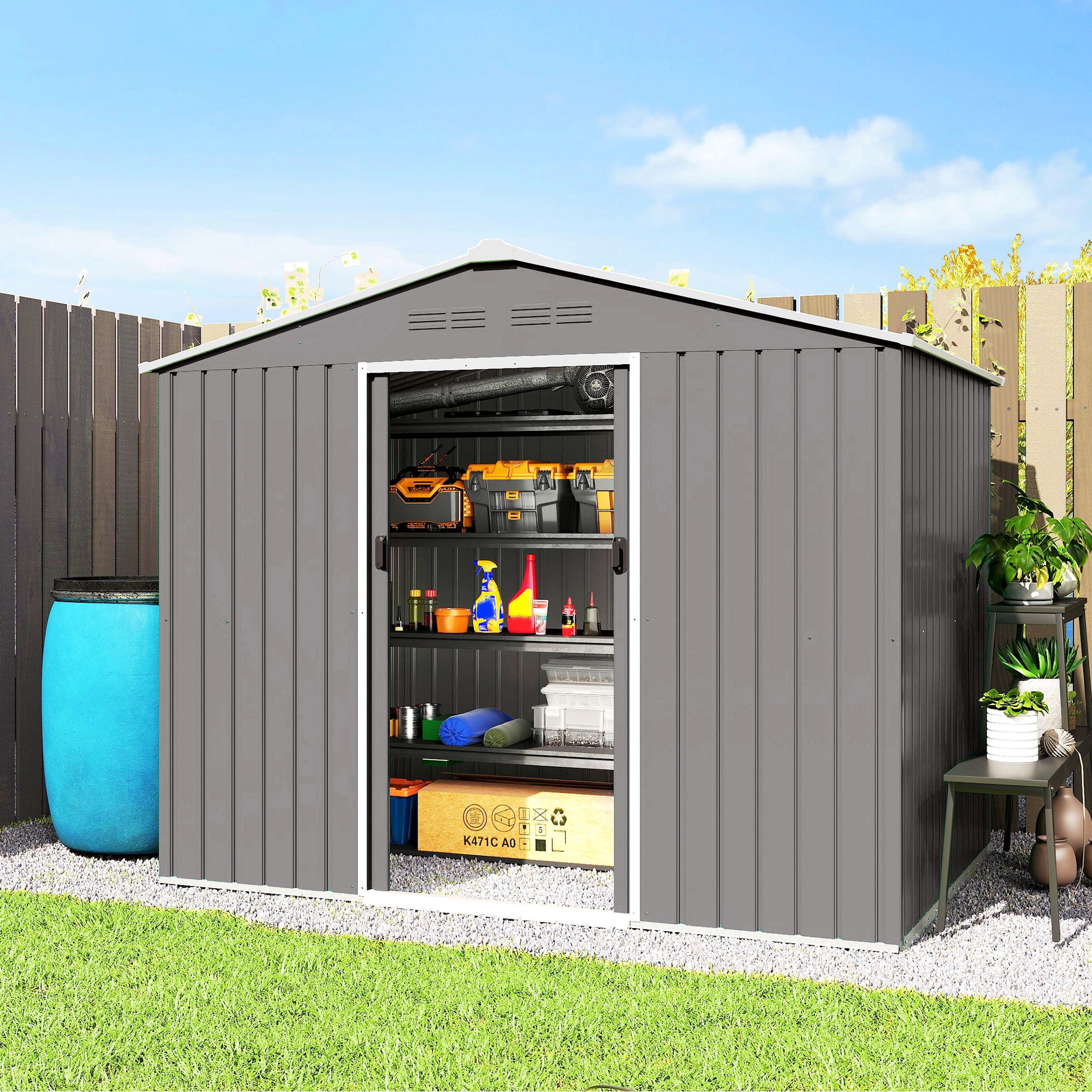 8' x 6' Outdoor Storage Shed, Metal Garden Tool Storage House with Lockable Sliding Doors and Vents, Light Grey