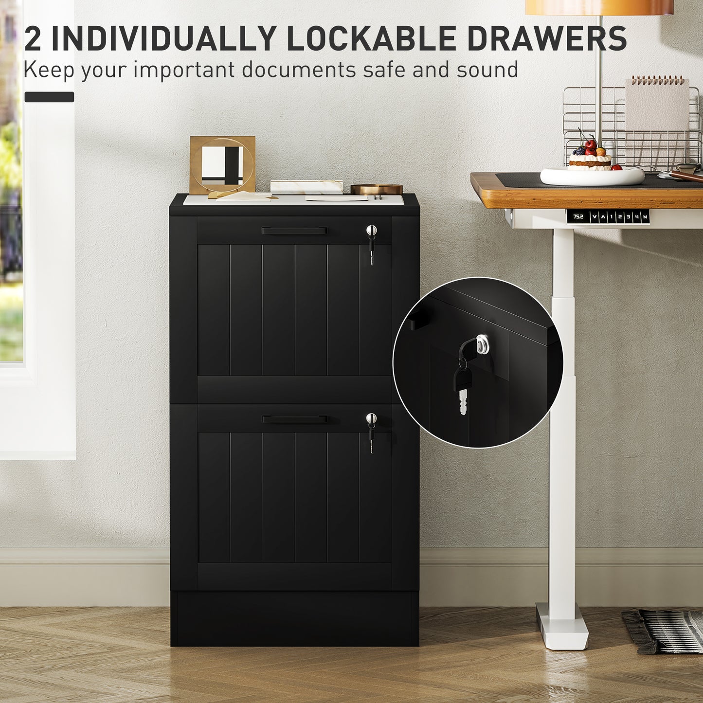 2 Drawer Filing Cabinet with Lock, Office Storage Cabinet with Adjustable Hanging Bars for A4 Letter Size Files, Black