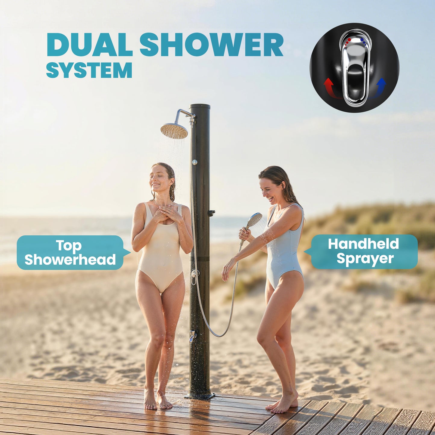 10.6 Gal Solar Heated Shower, 7.2 FT Outdoor Shower with 2 Shower Heads, Adjustable Temperature, Foot Faucet