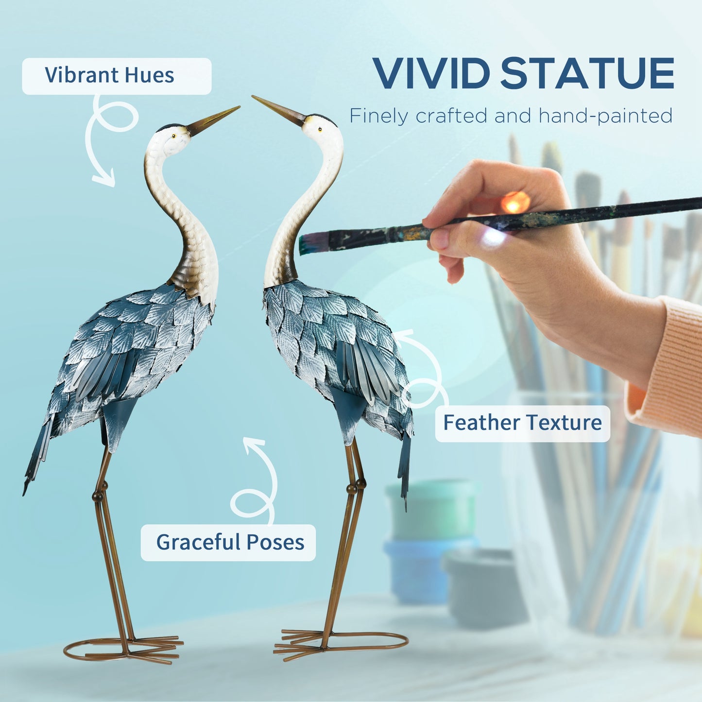 Set of 2 Garden Sculptures Crane Statues Lawn Patio Backyard Ornaments, 28.5"-29.1", Blue