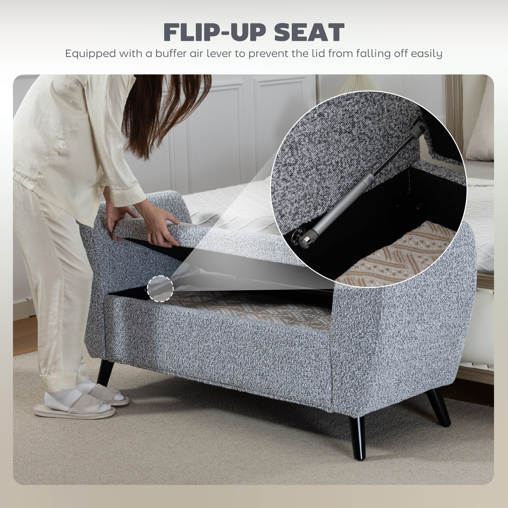 Upholstered Storage Bench with Arms, Modern Ottoman Bench for Bedroom, Entryway, and Living Room, Grey