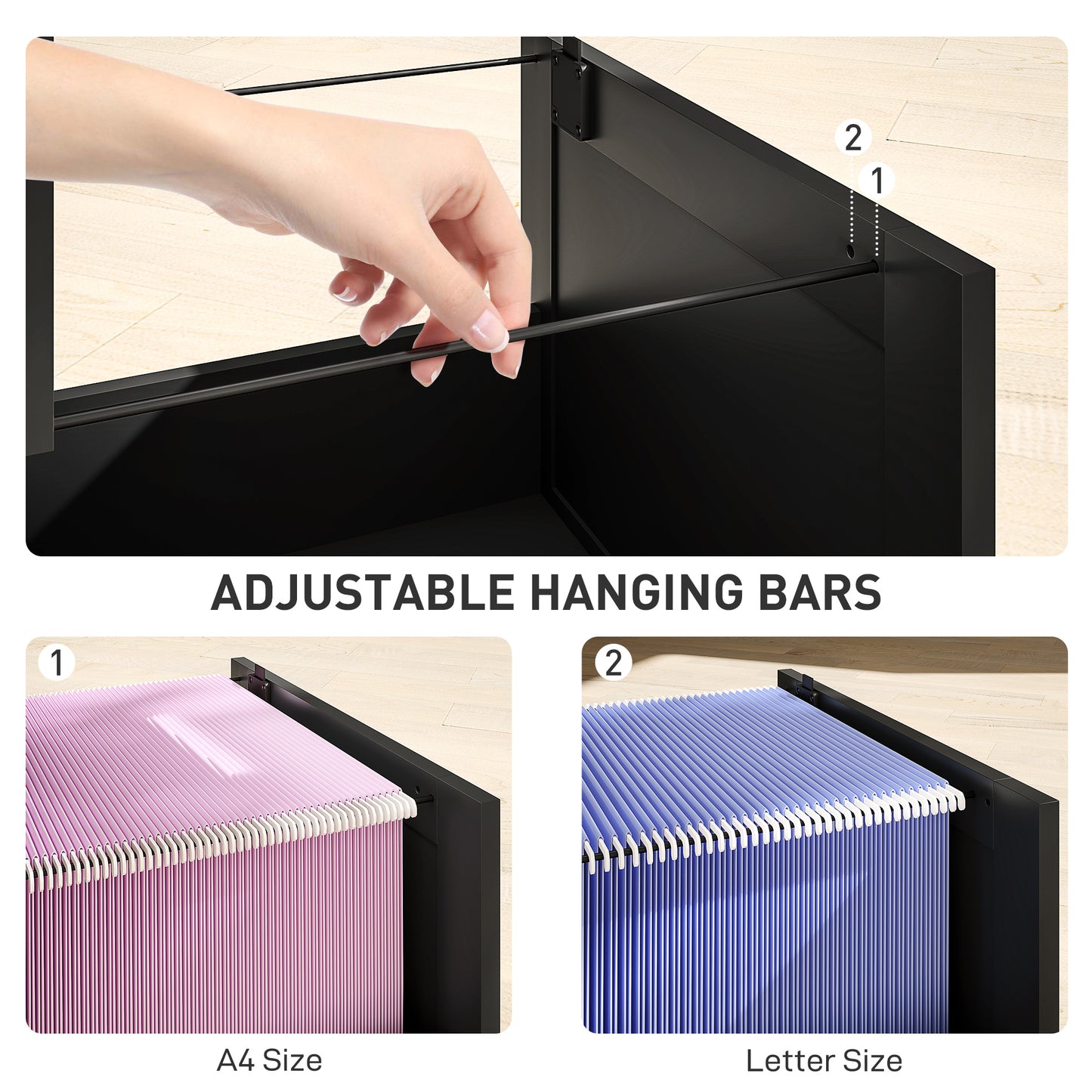 3 Drawer Filing Cabinet with Lock, Office Storage Cabinet with Adjustable Hanging Bars for A4 Letter Size Files, Black