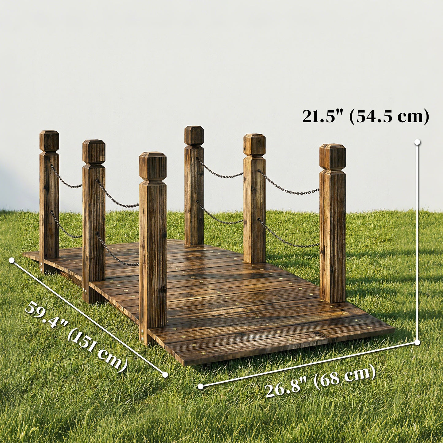 Garden Bridge Carbonized Wood Decorative Footbridge with Chain Handrails for Backyard Walkway 5ft Carbonized