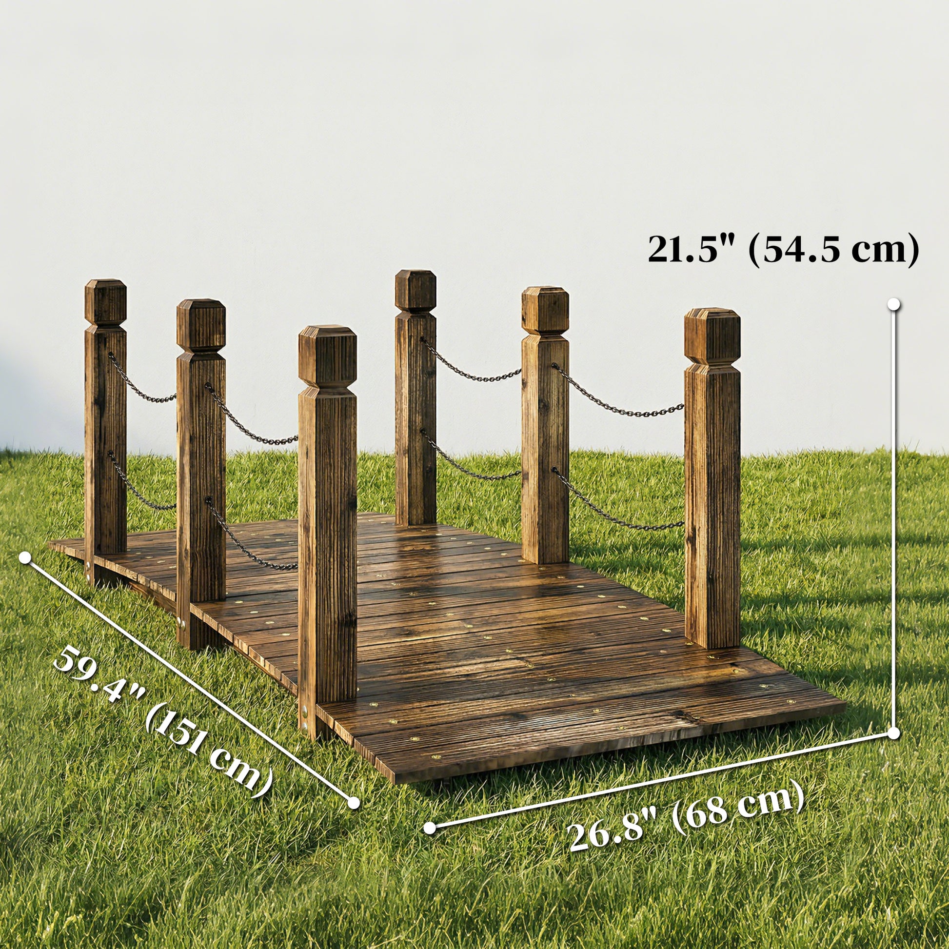 Garden Bridge Carbonized Wood Decorative Footbridge with Chain Handrails for Backyard Walkway 5ft Carbonized
