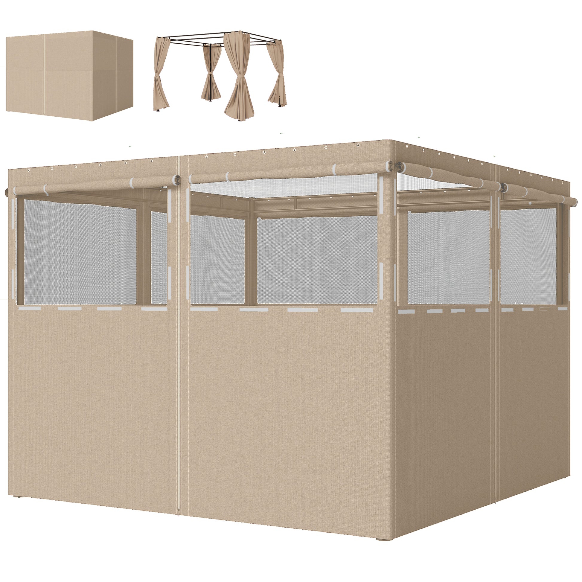 Gazebo Curtains, 10' x 10' Universal Replacement Privacy Curtain, 4-Panels Sidewall with Roll up Mesh Windows, Khaki