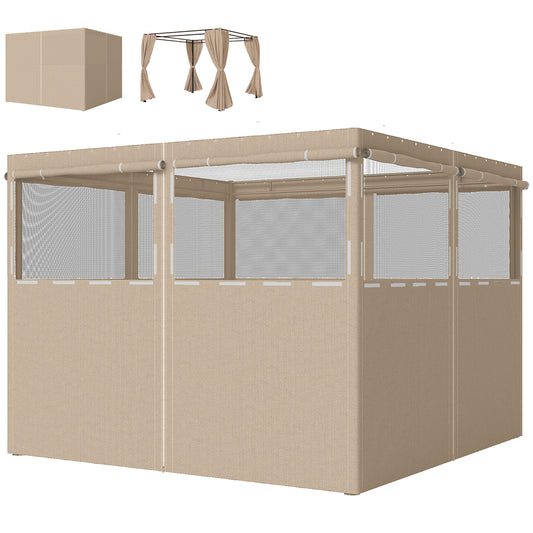 Gazebo Curtains, 10' x 10' Universal Replacement Privacy Curtain, 4-Panels Sidewall with Roll up Mesh Windows, Khaki