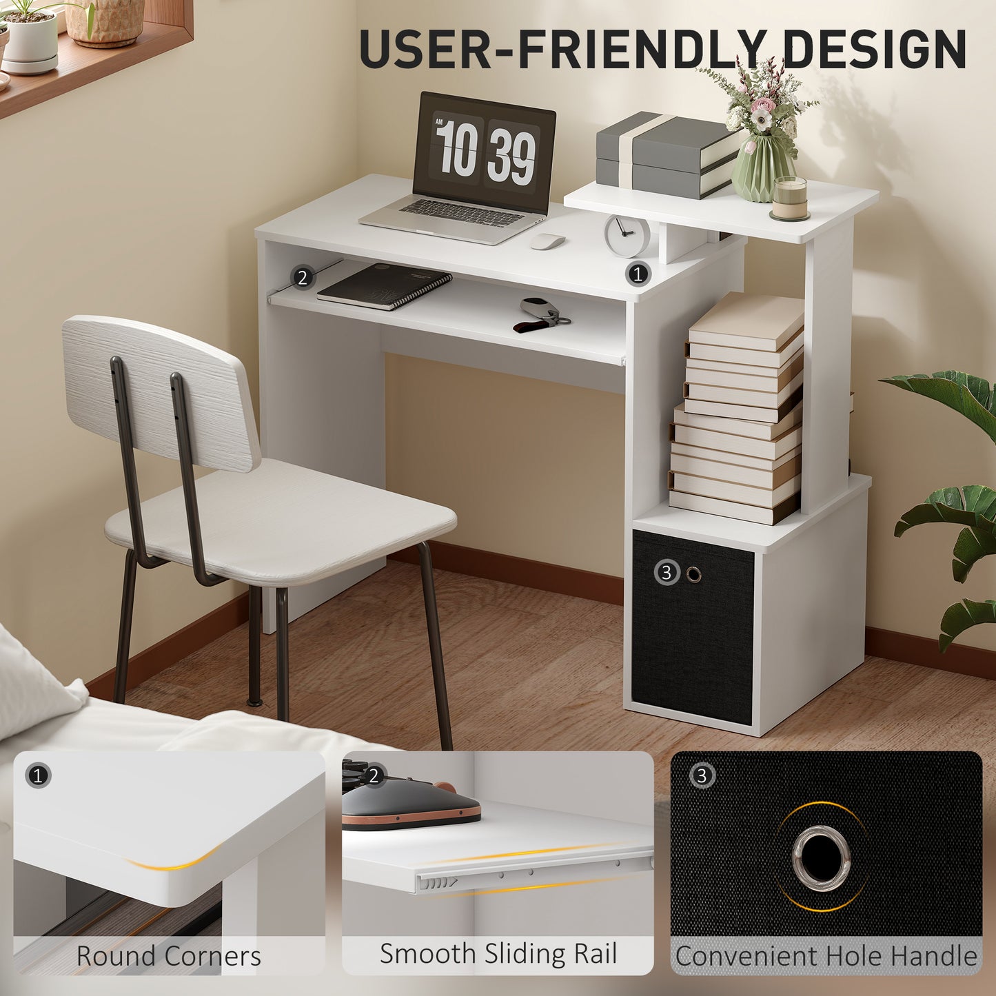 Computer Desk with Sliding Keyboard Tray Storage Drawer Shelf Home Office Workstation White