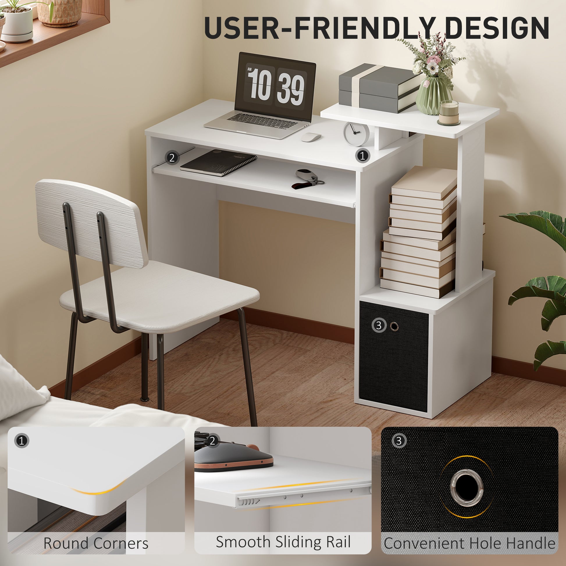 Computer Desk with Sliding Keyboard Tray Storage Drawer Shelf Home Office Workstation White