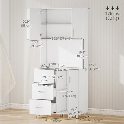 Freestanding Kitchen Buffet with Hutch Storage Organizer with 2 Door Cabinets, 3 Drawers and Open Countertop, Adjustable Shelf for Dining Room Pantry, White
