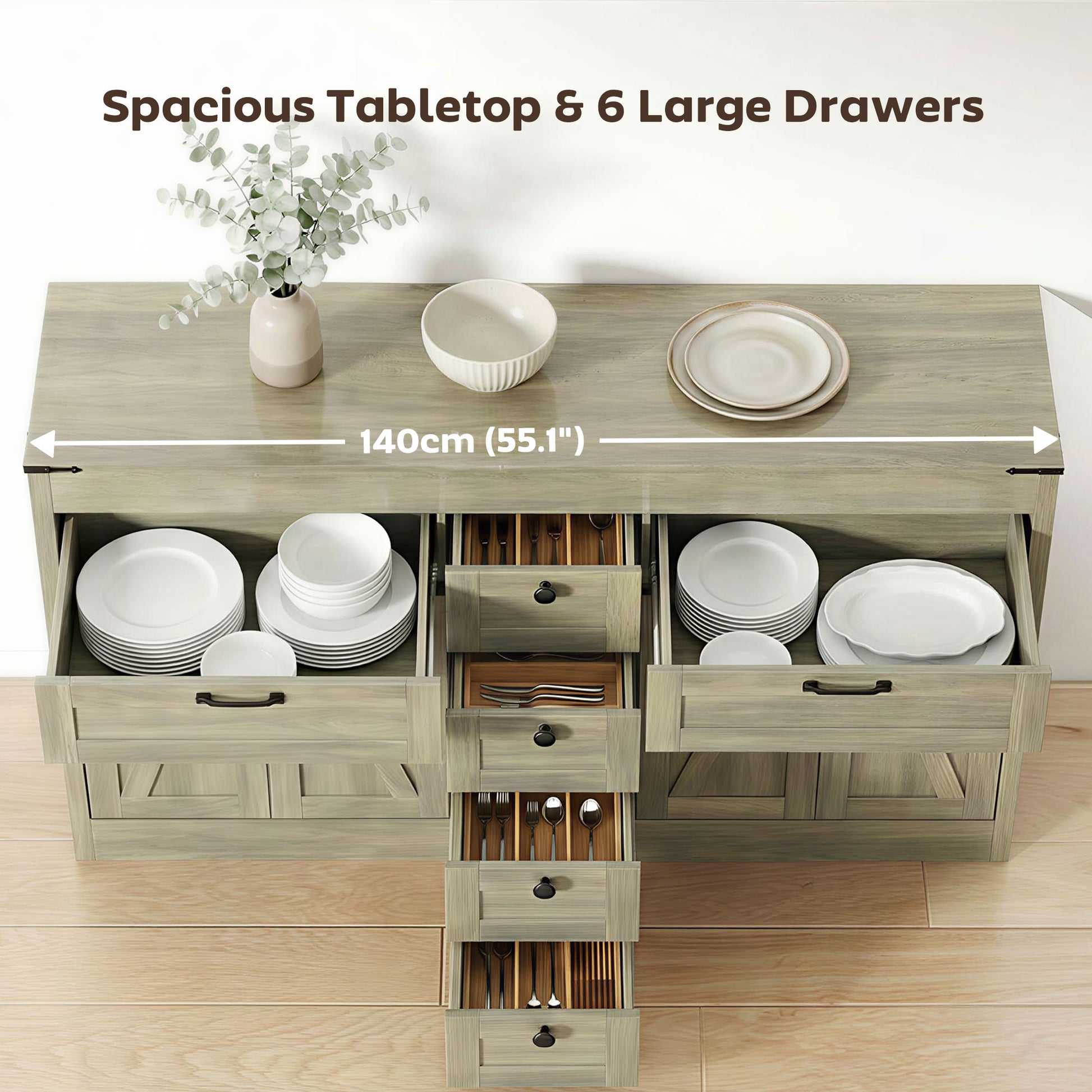 Sideboard Buffet Cabinet, 55" Farmhouse Kitchen Cabinet with 4 Barn Doors, 6 Drawers and 2 Adjustable Shelves, Grey