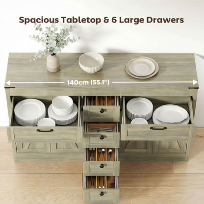 Sideboard Buffet Cabinet, 55" Farmhouse Kitchen Cabinet with 4 Barn Doors, 6 Drawers and 2 Adjustable Shelves, Grey