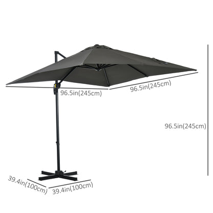 8' x 8' Square Patio Hanging Offset Umbrella with 360° Rotation, Aluminum Outdoor Cantilever Parasol with Crank & Tilt, Sun Canopy Shelter with Cross Base, Grey
