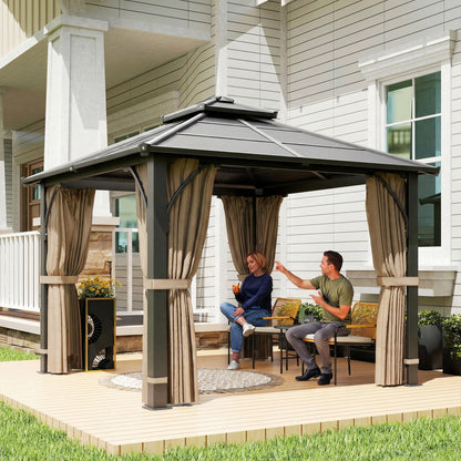 10' x 10' Hardtop Gazebo with 7mm Polycarbonate Double-Tier Roof, Outdoor Gazebo with Netting and Curtains, Khaki
