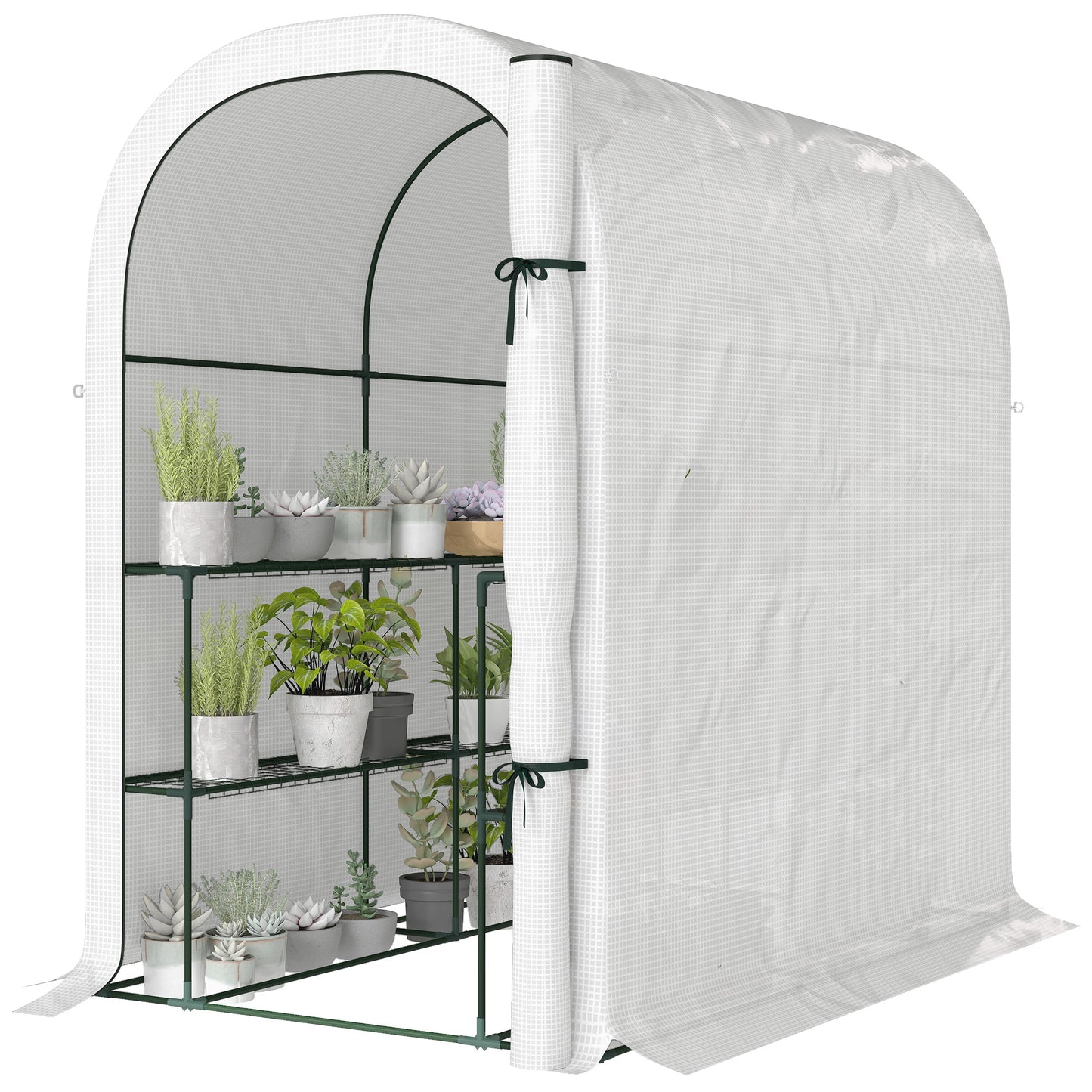 Walk-in Mini Greenhouse with Shelves, Portable Outdoor Greenhouse with Roll-up Door, 123 x 187 x 189 cm, White