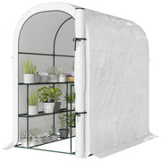 Walk-in Mini Greenhouse with Shelves, Portable Outdoor Greenhouse with Roll-up Door, 123 x 187 x 189 cm, White