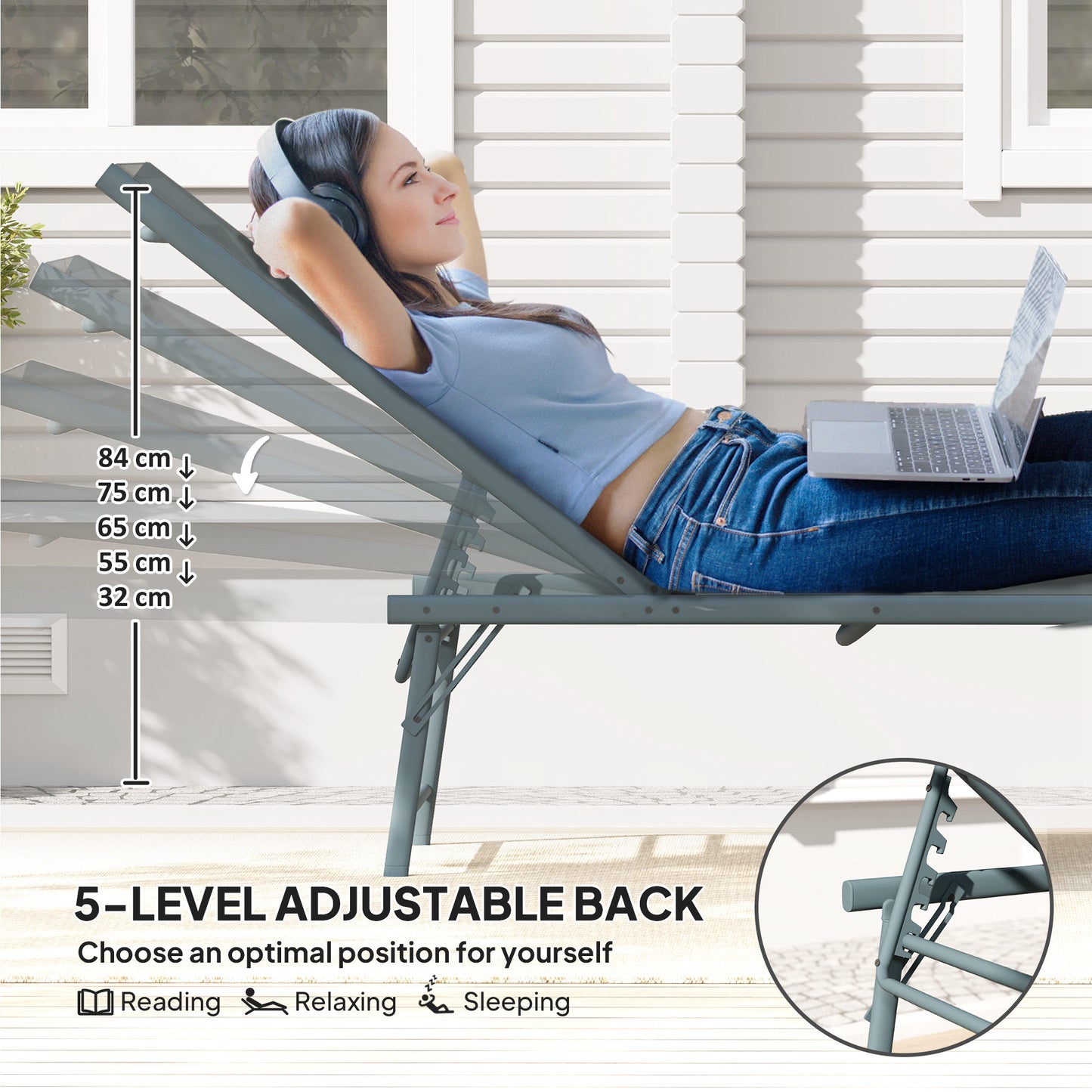 Folding Outdoor Lounge Chair, Reclining Chaise Lounge Tanning Chair w/ Adjustable Back, Mesh Seat, Light Grey