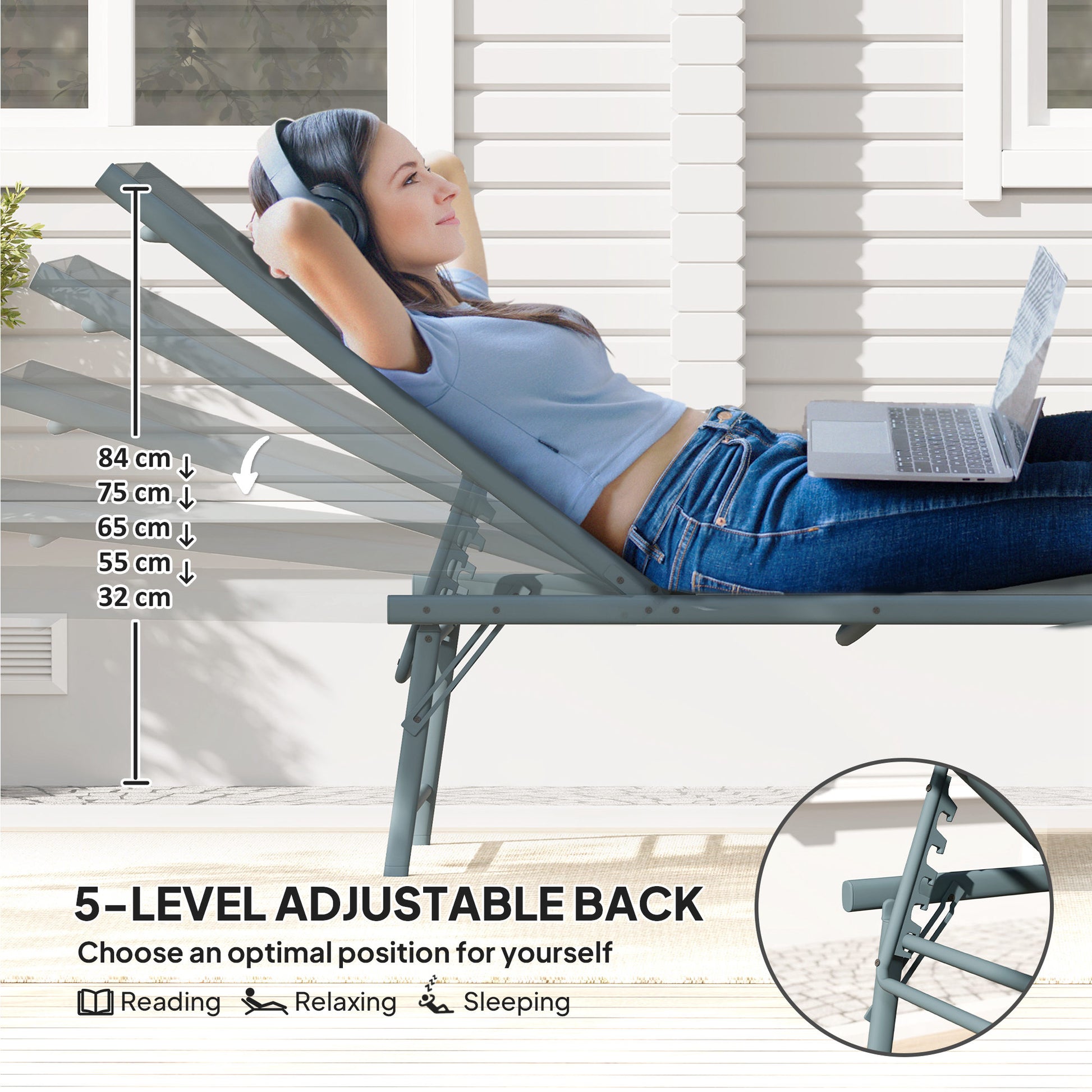 Folding Outdoor Lounge Chair, Reclining Chaise Lounge Tanning Chair w/ Adjustable Back, Mesh Seat, Light Grey