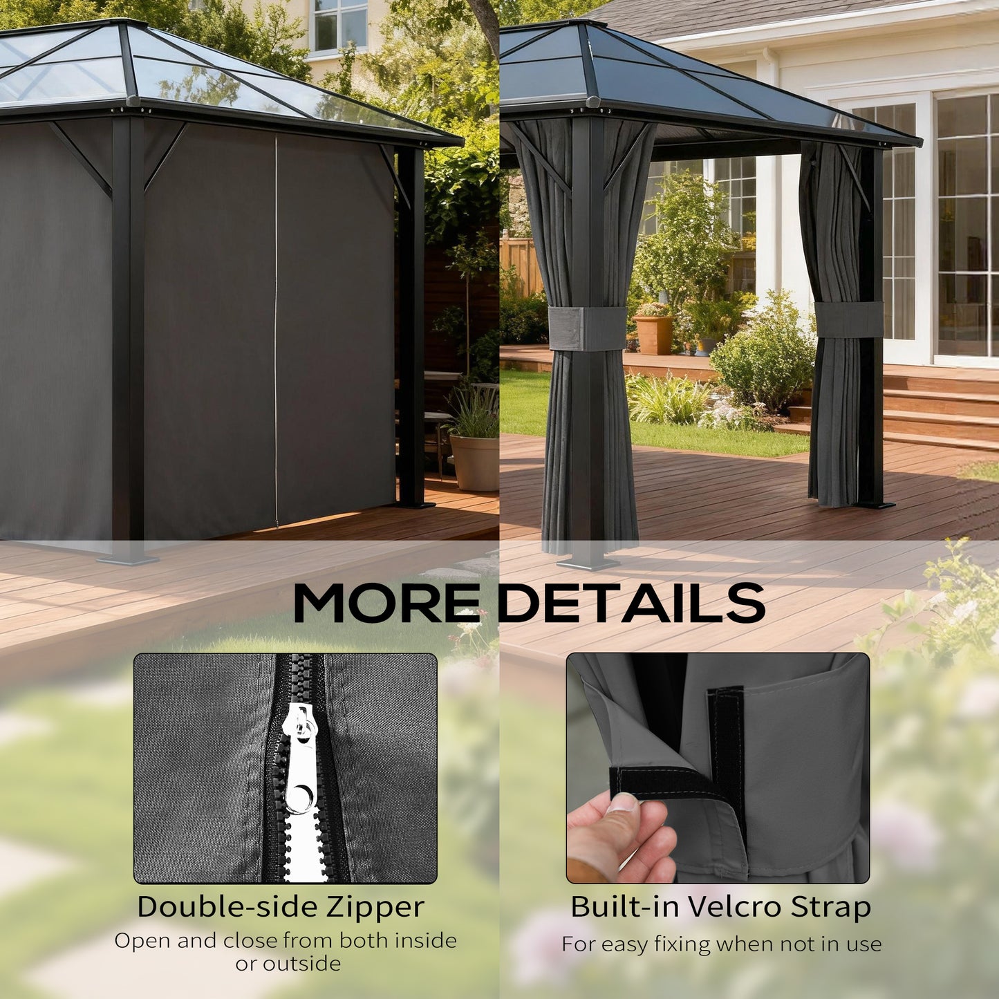 Gazebo Curtains, 10' x 12' Universal Replacement Privacy Curtain, 4-Panels Sidewall with Hooks/C-Rings, Grey