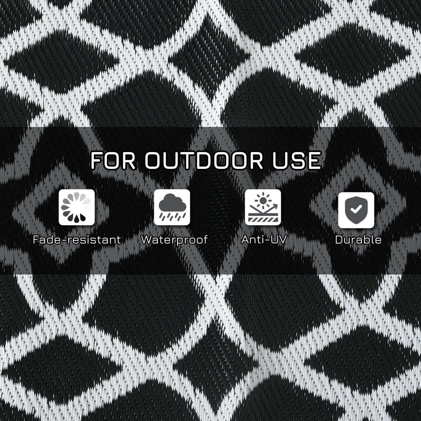 Reversible Outdoor Rug, Waterproof Plastic Straw RV Rug with Carry Bag, 9' x 18', Black and White Clover