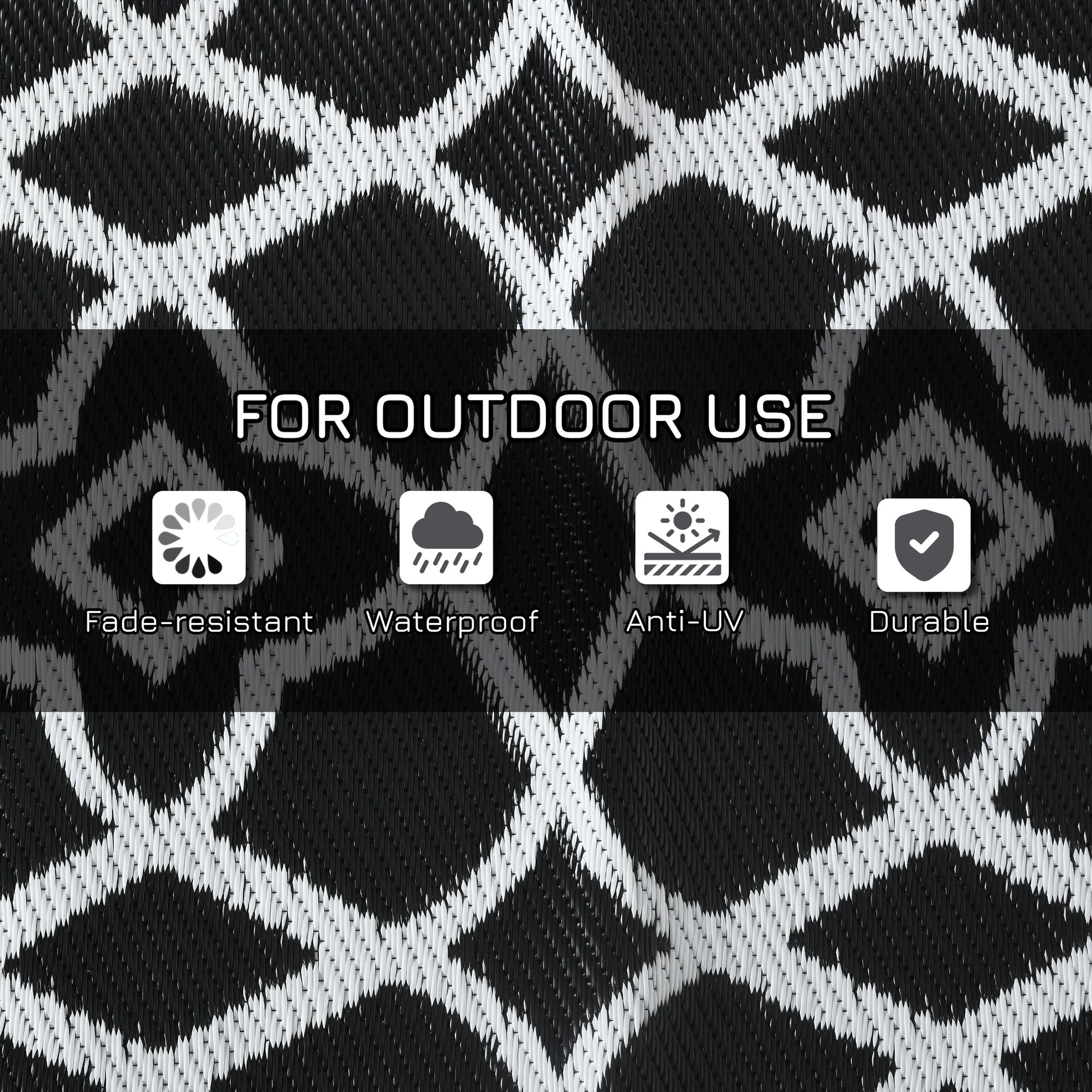 Reversible Outdoor Rug, Waterproof Plastic Straw RV Rug with Carry Bag, 9' x 18', Black and White Clover