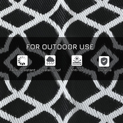 Reversible Outdoor Rug, Waterproof Plastic Straw RV Rug with Carry Bag, 9' x 18', Black and White Clover