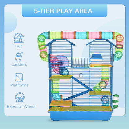 18.5" Hamster Cage, 5 Tiers Small Animal House with Tunnel Tube System, Exercise Wheel, Water Bottle, Blue