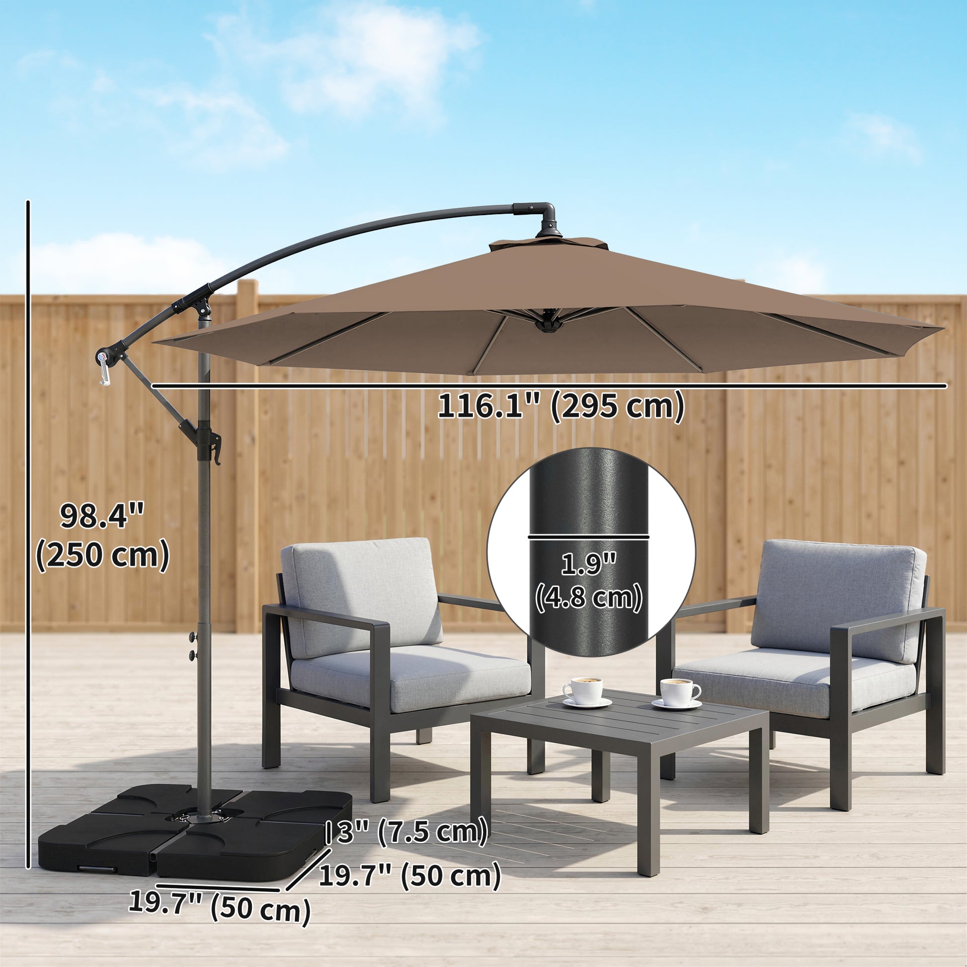 9.6ft Offset Patio Umbrella Garden Hanging Parasol Banana Cantilever Umbrella with Base, Crank, Coffee