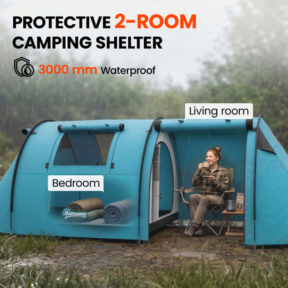 3-4 Person Camping Tent with 2 Rooms, 3000mm Waterproof Portable Family Tent with Carry Bag, Sky Blue