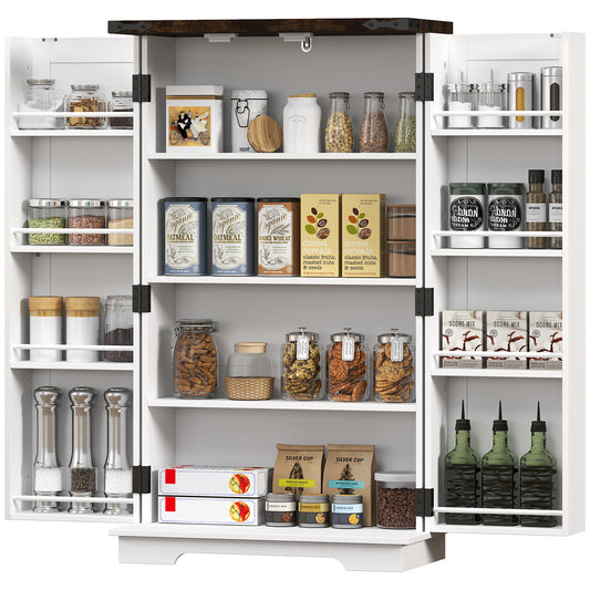 Kitchen Pantry Cabinet with 4-tier Shelving, 6 Spice Racks, Farmhouse Storage Cabinet with Adjustable Shelves, Easy Cleaning, White
