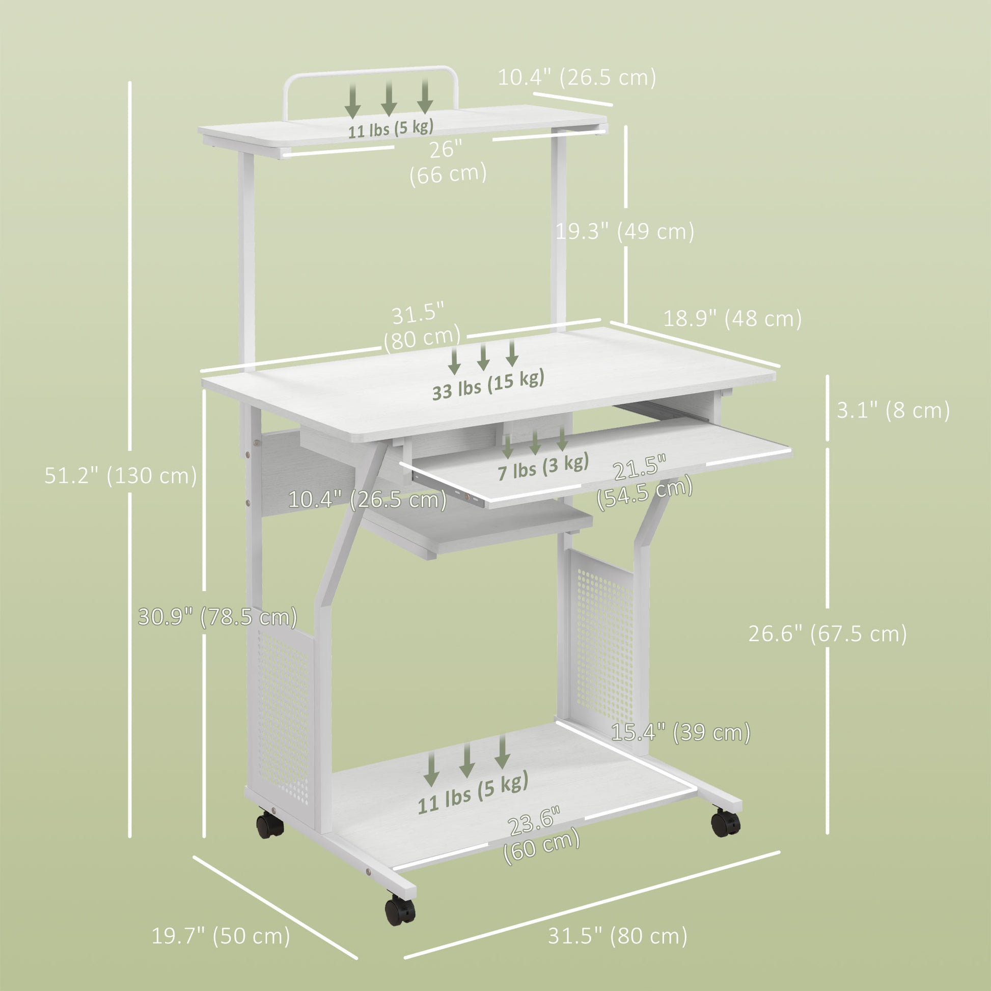 32" Mobile Computer Table, Rolling Study Desk for Home Office with Keyboard Tray, Storage Shelves, Wheels, White