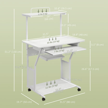 32" Mobile Computer Table, Rolling Study Desk for Home Office with Keyboard Tray, Storage Shelves, Wheels, White