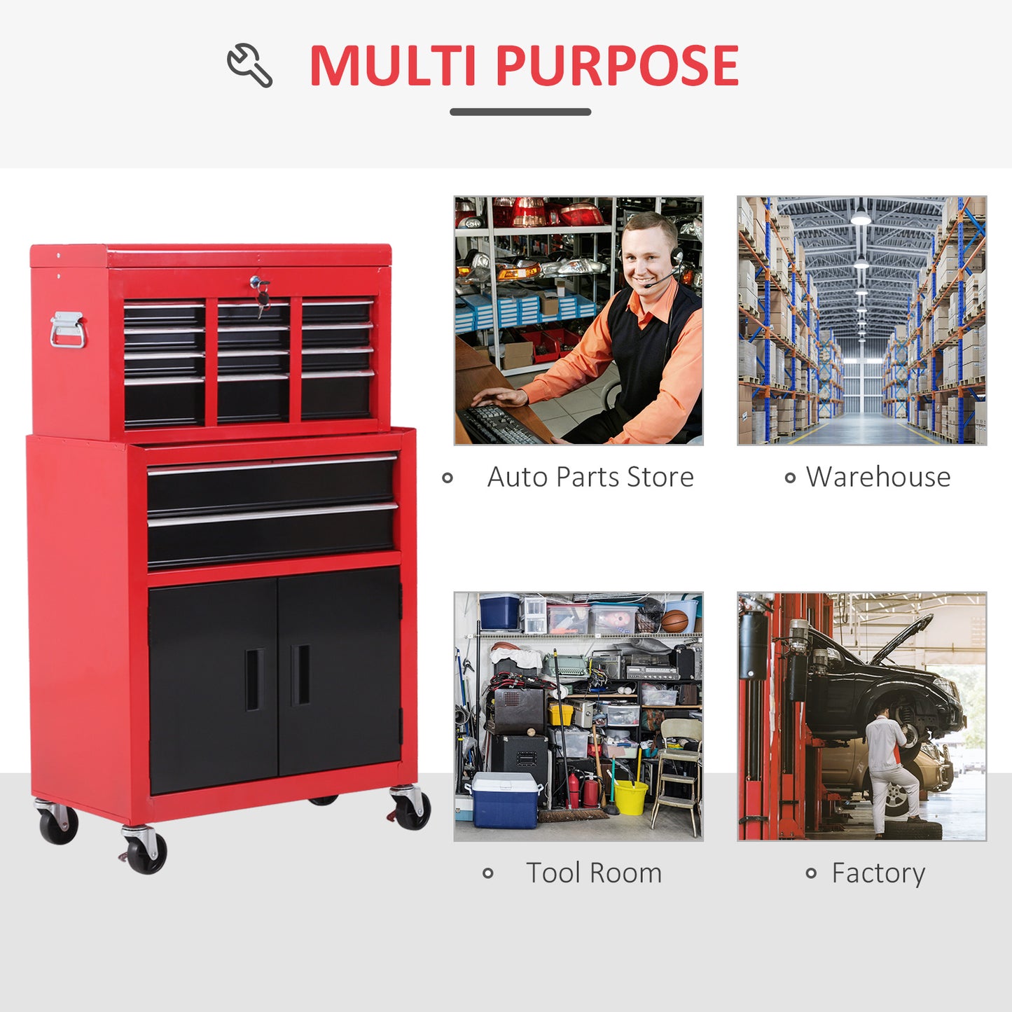 6-Drawer Rolling Tool Chest, 2 in 1 Lockable Storage Cabinet with Hooks, Metal Tool Box for Garage, Workshop, Red