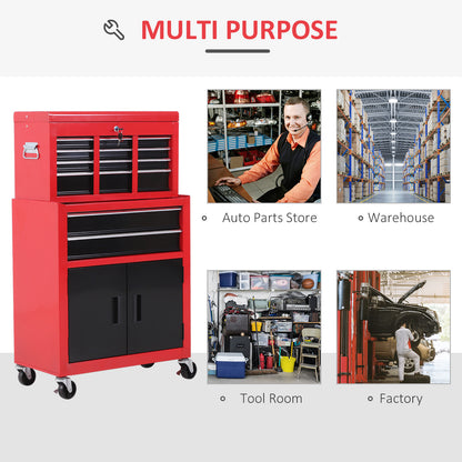 6-Drawer Rolling Tool Chest, 2 in 1 Lockable Storage Cabinet with Hooks, Metal Tool Box for Garage, Workshop, Red