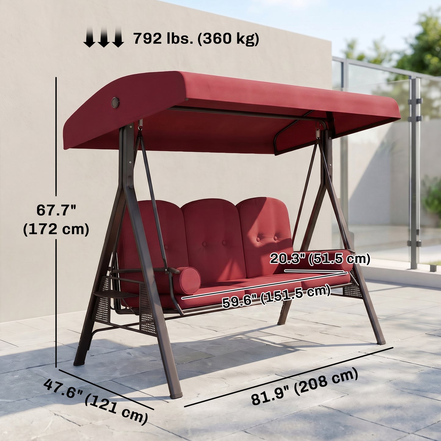 Outdoor Patio 3-Person Steel Canopy Cushioned Seat Bench Swing with Included Side Trays & Padded Comfort, Wine Red