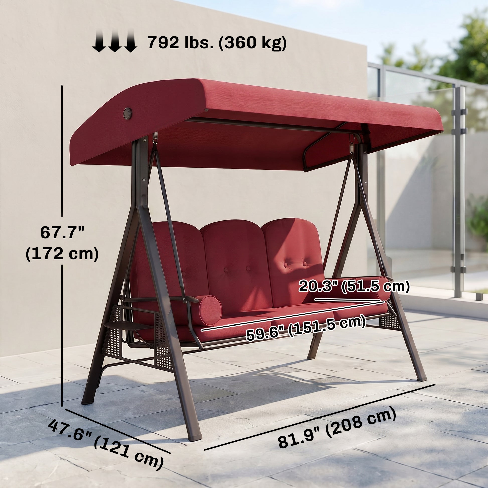 Outdoor Patio 3-Person Steel Canopy Cushioned Seat Bench Swing with Included Side Trays & Padded Comfort, Wine Red