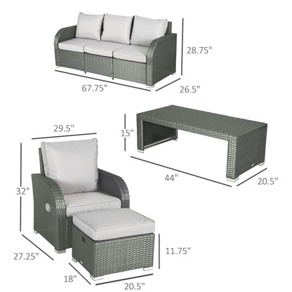 6 Pcs Patio Furniture Set with Wicker Recliner Chairs, PE Wicker Sectional Sofa Set with a 3-Seat Sofa, 2 Footstools, Table, 2 Recliner Chairs, Grey