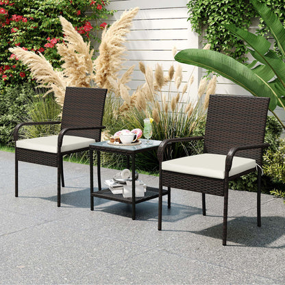 3 Piece Wicker Patio Furniture Set with Stackable Chairs, Washable Cushion, Tempered Glass Top, for Backyard, Brown