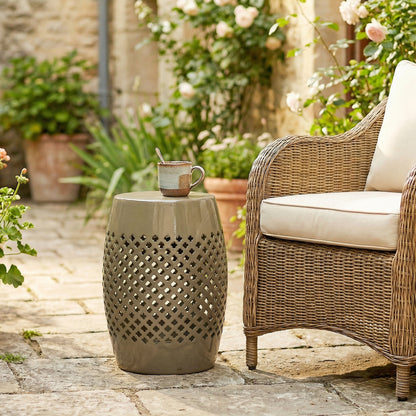 12.4" Steel Patio End Table, Round Hollow Drum Side Table, Accent Table for Indoor and Outdoor, Khaki
