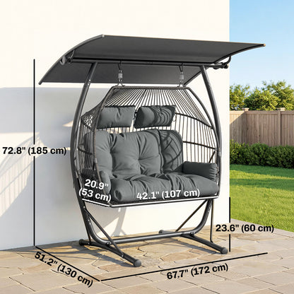 Hanging Double Egg Chair Outdoor Egg Swing Chair with Canopy, Cushion, Stand, Dark Grey