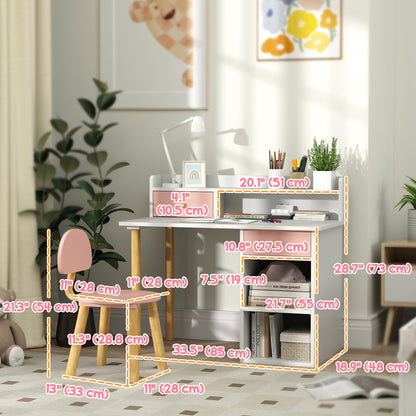 Qaba Kids Study Table and Chair Set, Kids Desk and Chair Set w/ Storage and Shelves, for 3-8 Year Old, Pink