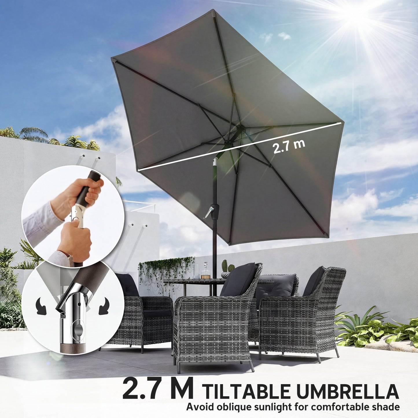 9FT Patio Umbrella, Outdoor Table Patio Umbrellith Tilt, Crank, 6 Ribs, UV Protection for Garden, Lawn, Deck, Backyard