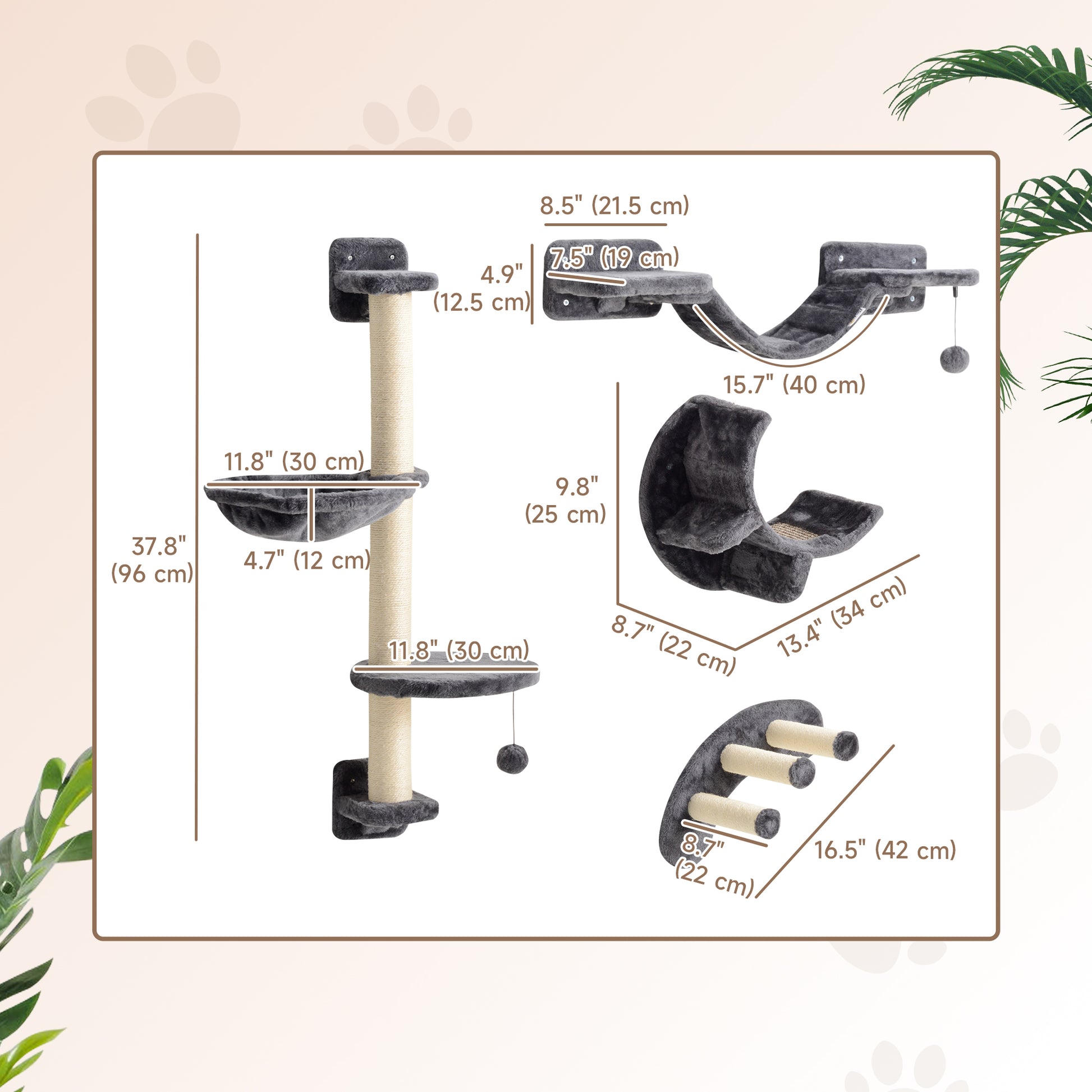 Cat Wall Shelf with Scratching Post, Play Balls, Platforms, Dark Grey