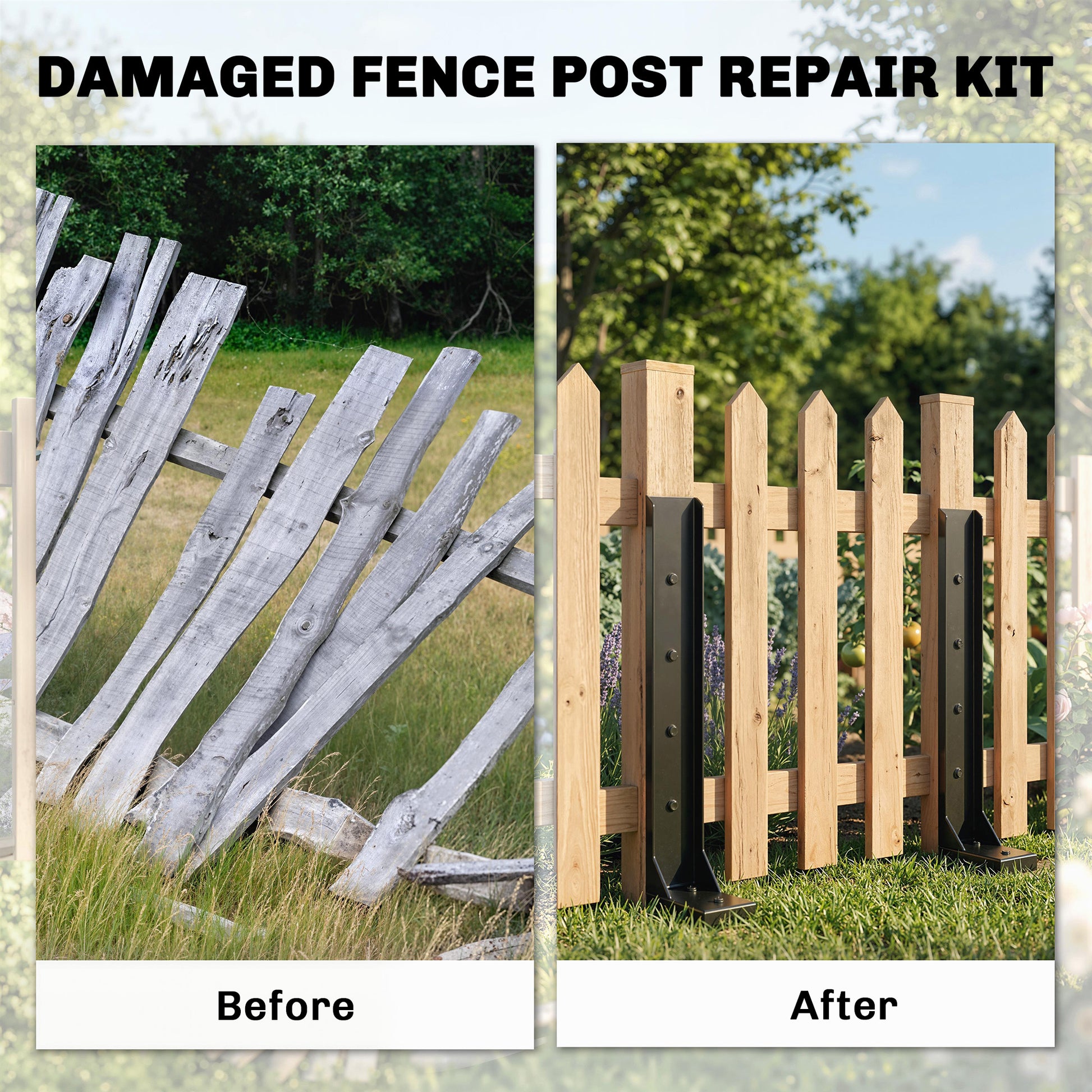 4 Pack Fence Post Repair Kit, 32" Steel Fence Post Support with Drill for Wooden Fences, Broken Gate, Posts