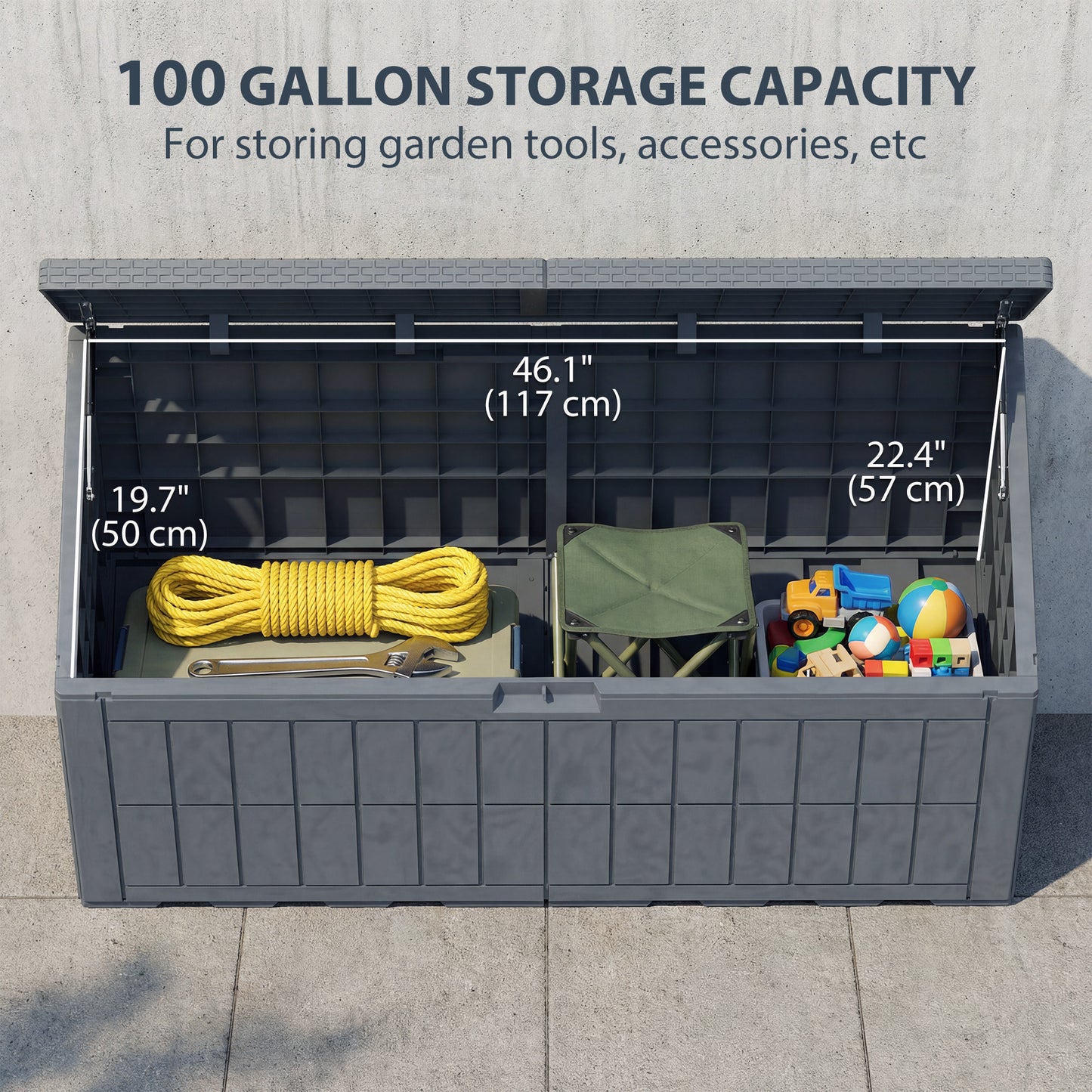 100 Gallon Resin Deck Box, Waterproof Lockable Outdoor Storage Box with Pneumatic Gas Rods, Side Handles