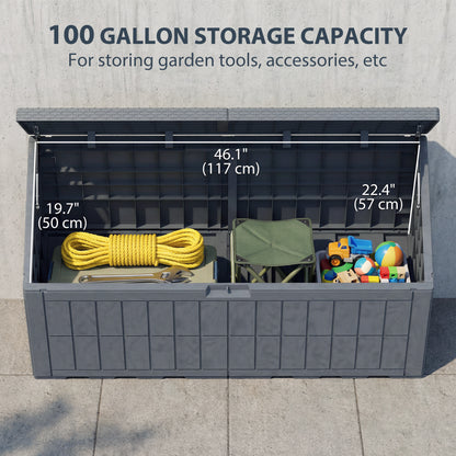 100 Gallon Resin Deck Box, Waterproof Lockable Outdoor Storage Box with Pneumatic Gas Rods, Side Handles