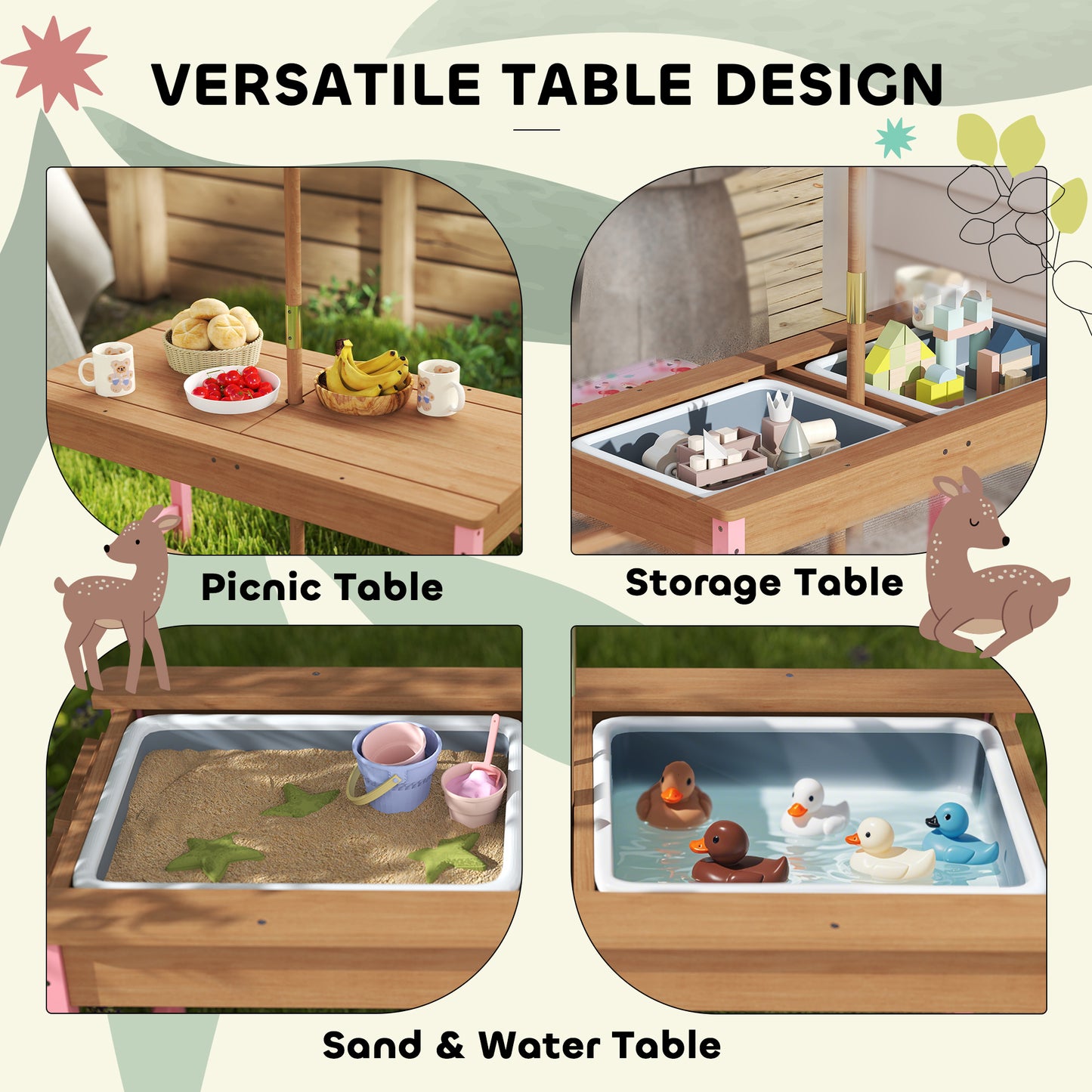 Qaba Kids Picnic Table and Bench Set with Removable Umbrella, Cushions & Boxes, Flamingo Theme for Outdoor, Pink